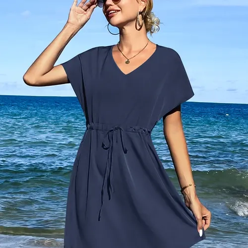 Ekouaer Women's Casual Rayon Dress - V-Neck Short Sleeves, Drawstring Waist, Quick-Dry Fabric, Breathable for Beach Outings, Cold Wash, Dries Quickly, Easy Care Instructions, Easy Style Skin Protection Resort Wear