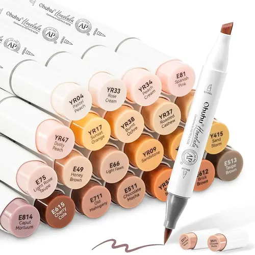 Ohuhu Alcohol Markers: Brush & Chisel / Fine - 24 Skin-Tone Colors - Portrait Tones for Beginner Artists' Drawing & Painting - Refillable Markers with Alcohol Ink, AP Certified, Replacement Brush Tips, Honolulu & B Series of Ohuhu