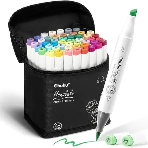 Ohuhu Alcohol Markers: Brush& Fine / Chisel - 48 Basic Colors for Adults Coloring, AP Certified Refillable Dual Tips Marker for Artist Beginner Drawing Illustration Sketching - Honolulu 2 & 2B Series of Ohuhu