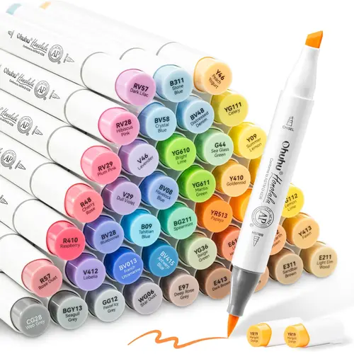 Ohuhu Alcohol Markers: Brush & Chisel / Fine - 48 Mid-tone Colors, Dual Tip Pens, Double Tipped Nibs, Expandable Blending Tool, AP Certified Refillable, for Artists, Honolulu 2 & 2B Series of Ohuhu