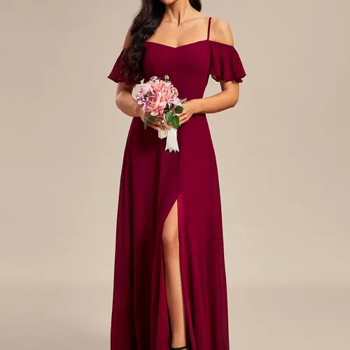 Ever-Pretty 2026 Elegance Spring  Dress  Women's Elegant Burgundy Off-the-shoulder Ruffled Short Sleeve High Slit Chiffon Maxi Dress for Wedding Guest dresses,Bridesmaid Dresses,Formal dresses,00237