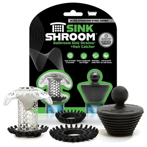 SinkShroom Bathroom Sink Drain Protector in Stainless Steel with StopShroom and Stopper