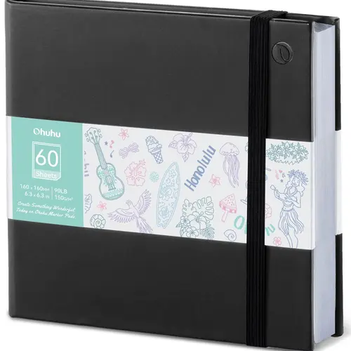 Ohuhu Marker Pad Art Sketchbook: 6.3"x6.3" Square Format Mini Sketchbook for Beginners, 90 lb/150 gsm Smooth Surface Bleedproof Paper, 60 Sheets/120 Double-Sided Pages, PU Hardcover DIY Cover for Alcohol Markers - Marker Pad Series of Ohuhu