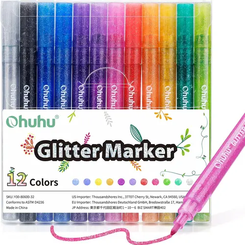 Ohuhu Glitter Markers Pen: 12 Glitter/24 Metallic Glitter Colors, 0.7mm/3mm Fine Tip, Water-Based Ink for DIY Crafts, Greeting/Birthday Cards, Mugs, Wood, Art Marker Pen, Multi Color Pens - Glitter Marker Series of Ohuhu