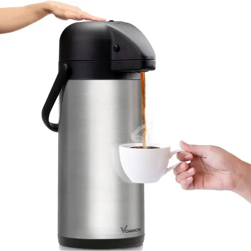 Vondior Insulated Beverage Dispenser - Stainless Steel Thermal Airpot with Pump, 24-Hour Hot OR Cold, for BBQs, Parties, Iced Coffee, Hot Cocoa, Brunch & Camping (Coffee Carafe)
