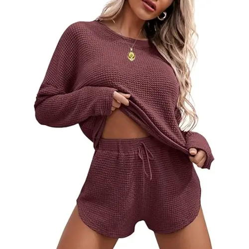 Ekouaer Women's Lady 2-Piece Soft Polyester Blend Waffle Knit Sweatsuit, Casual Lounge Set with Long Sleeve Top and Pocketed Shorts for Jogging, Nightwear