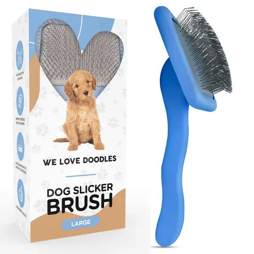 We Love Doodles Slicker Brush for Long Haired Dogs - Ergonomic Handle with Doodle Loving Design, Shedding and Dematting Use, Professional Quality Brush