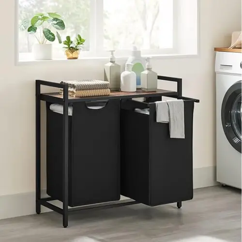 SONGMICS VASAGLE Rectangle Divided Laundry Organizer - Top Shelf, Pull-Out Bag Compartment Dirty Clothes Hamper, Modern Home Storage Clothes Basket, Clothes Baskets,dorm room inspo,college dorm essentials,dorm haul