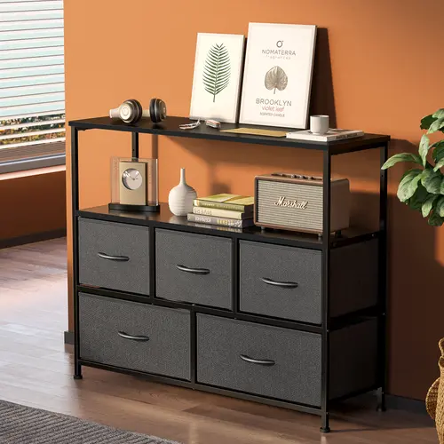 Sweetcrispy Minimalist TV Stand Sideboard - Sturdy Metal Frame TV Console Cabinet, Compact Multimedia Centre with 5 Fabric Drawers, Large Open Storage Shelf, Max Size Up to 45", Modern Indoor Furniture for Living Room, Bedroom