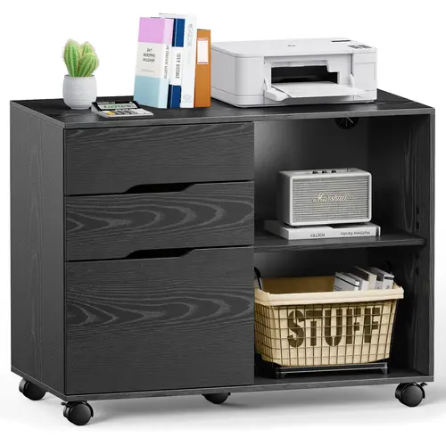 【Deal】SweetFurniture 3-Drawer Mobile Lateral Filing Cabinet - Home Office Organization & Room Storage Solution, Printer Stand with Open Shelves, Fits Large Folders, Home Decor Cupboard, Storage Drawers Kitchen Furniture