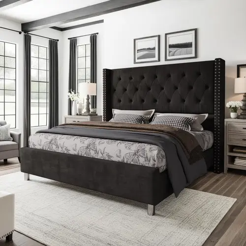 AMERLIFE Bed Frame with 49.2" Wingback Headboard, Upholstered Velvet Bed with Tufted Diamond Button/No Box Spring Needed/Easy Assembly/Christmas Gift[tiktokshopbacktoschool][SohoChic]
