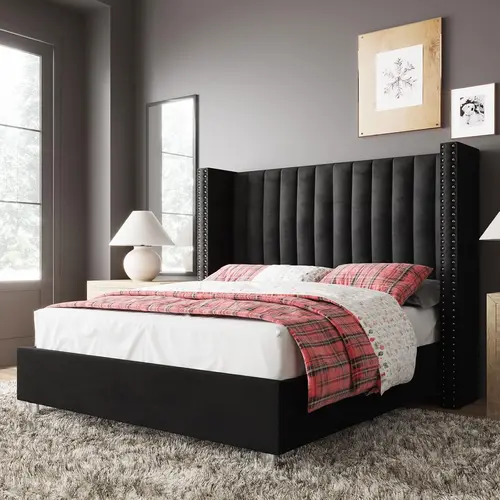 AMERLIFE Bed Frame Upholstered Bed Wingback Headborad Velvet Channel Tufted/No Box Spring Needed/Easy Assembled/Best Gift Ideas/Christmas Gifts[tiktokshopbacktoschool][SohoChic]