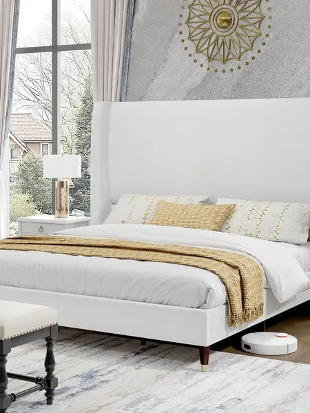 [Summerwins] AMERLIFE Platform Bed Frame with 51.2" Tall Headboard, Upholstered Bed with Wingback/Solid Wood Legs/Durability&Silent /No Box Spring Required, Furniture/Full/Queen/King/Bed with Reinforced Structure&Complete Hardware Kit