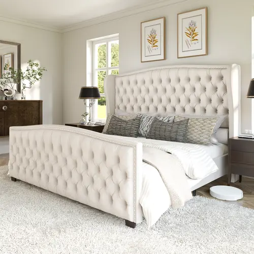 [Summerwins] AMERLIFE Platform Bed Frame, Upholstered Bed with Deep Button Tufted & Nailhead Trim Wingback Headboard/Hardwood Slats/Durability&Sturdy/No Box Spring Needed/Queen/King/California King Size/Best Gift Ideas/Christmas Gifts
