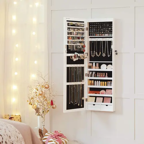 SONGMICS Lockable Storage Cabinet - 47.2-in Tall MDF Home Organizer with 6 Soft LED Lights, 3 AAA Batteries, Key Lock, Easy Mounting, Wall/Hanging Mount, Mirror, 2 Drawers, Home Decor, Christmas Gift