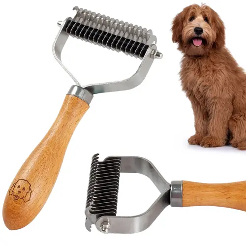 We Love Doodles Double-Sided Dematting Tool for Dogs - Stainless Steel Blades for Mats & Deshedding - Ergonomic Wooden Handle -  Grooming Comb & Accessories