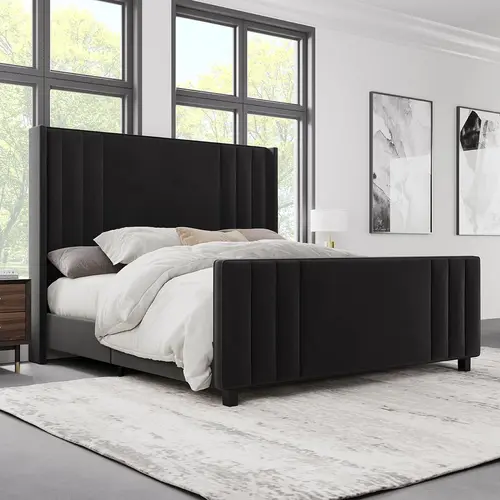 AMERLIFE Modern Bed Frame, Upholstered Platform Bed with Vertical Channel Tufted Headboard & Footboard, Premium Velvet, Queen/King Size/Unique Bedroom Furniture/Best Gift Ideas/Christmas Gifts[tiktokshopbacktoschool][SohoChic]