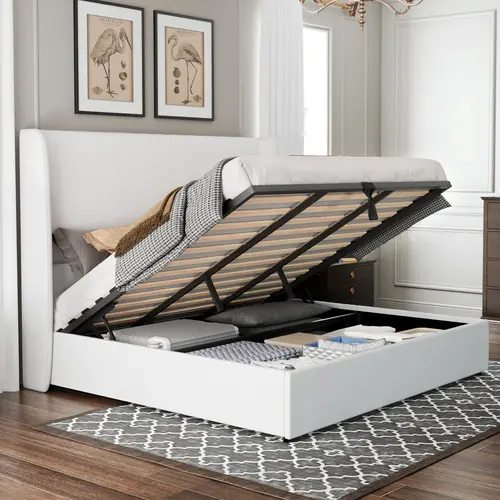 AMERLIFE Modern Lift Up Storage Bed with 52.1" Linen Upholstered Wingback Headboard, Platform Bed Frame with Large Underneath Storage Space/Hydraulic Menchies- King size(ships in 2 boxes)/Best Gift Ideas/Christmas Gifts[tiktokshopbacktoschool][SohoChic]