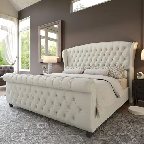 [Summerwins] AMERLIFE Platform Bed Frame,Velvet Upholstered Sleigh Bed with Scroll Wingback Headboard&Footboard/No Box Spring Required/Christmas Gift/Best Gift Ideas