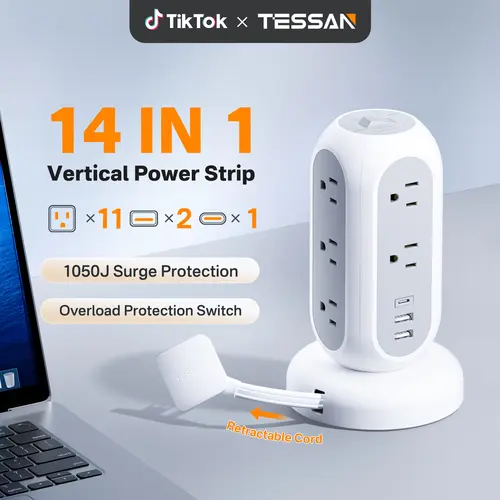 Tessan retractable extension cord power strip,1625W Surge Protector , Cord Management,Home, Office ,Dorm,Kitchen Essentials,11 Outlets & 3 USB Ports