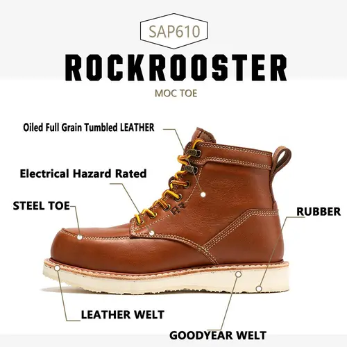 ROCKROOSTER Edgewood Steel Toe  Waterproof Shoes Men's 6-Inch Brown Work Boots for Men Footwear, Slip-Resistant Walking Shoes Closed Creeper Leather Boy SAP858