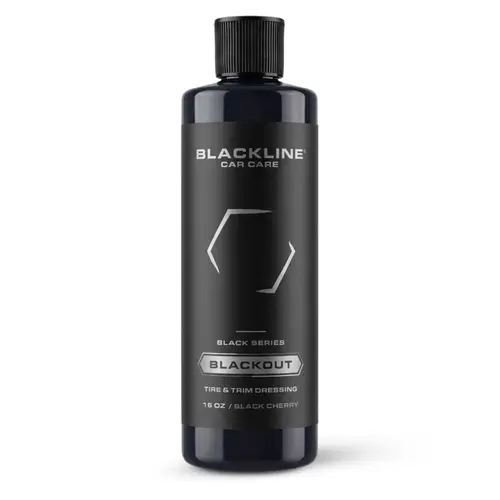 BLACKLINE Blackout Tires/Trim Dressing - Deep Black Restore Formula for Faded Surfaces, Even Coat Control, Slingfree Apply, Spray Quick Cover, Long-Lasting Satin Shine