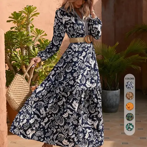 Women's Western Floral Embroidered Bishop Sleeves Long Dress, Boho Casual A-Line Vintage Maxi Dress, Fall Vacation Dress, Fashion
