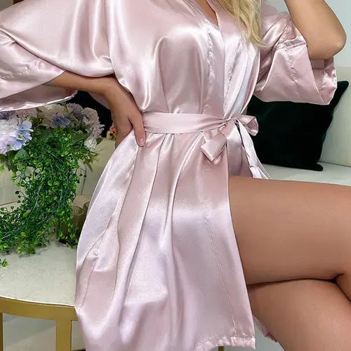 Women's Solid Belted Satin Robe, Elegant 3/4 Sleeve Open Front Night Robes for Bridal Party, Bridesmaid Robes, Women's Sleepwear & Loungewear, Summer Outfits 2024