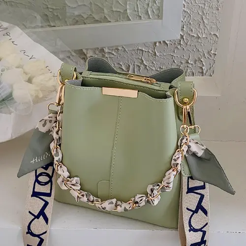 Women's Fashion Chain Decor Bucket Crossbody Bag, Solid Color Bag with Scarf and Wide Strap, Chic Handbag Shoulder Bag for Summer 2026 Outfits