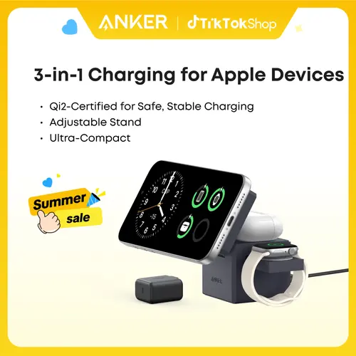 Anker 3-in-1 MagSafe Electronic Charger Stand - Foldable, Adjustable 15W Fast Charging for iPhone 17/16/15/14 Series, Smartphone, Cellphone, Smart Watch, Wireless Earbuds (Charger, Interchangeable Plugs Included)