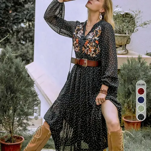 Women's Floral Embroidered Dot Bishop Sleeve A-Line Fitted Dress, Casual Dress, Bohemian Style Dresses, Casual Boho Style, Vintage Bohemian Chiffon Breathable Lightweight Long Skirt, Perfect for Holidays & Travel All Year Round, Womenswear