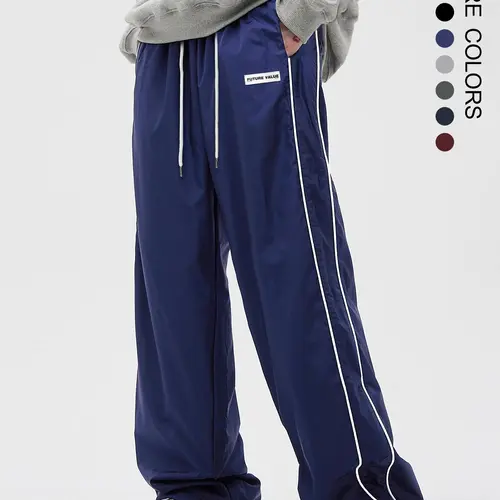 Men's Side Stripe Drawstring Waist Straight Leg Plain Pants, Casual Pocket Letter Patched Trousers for Fall & Winter, Loose Menswear, Drippy Outfits