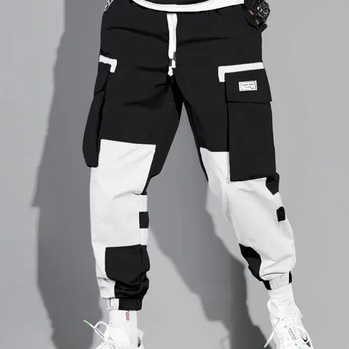 Men's Colorblock Drawstring Waist Cargo Pants Cargo Style, Casual Flap Pocket Letter Patched Trousers, Men's Streetwear Bottoms, Comfy Jogger Pants for Men, Casual Chic Trousers, Casual Outdoor Pants, Casual Fashion Bottoms
