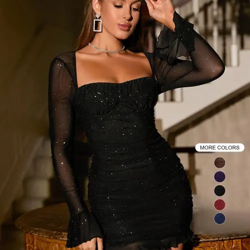 Women's Glitter Contrast Mesh Long Sleeve Ruched Mini Bodycon Dress, Lady Comfort Casual Elegant Fashion Chic Square Neck Lettuce Trim Tight Dresses for Party Dinner Holiday, Party Dress, Birthday Dress for Women Casual