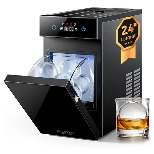 ecozy 2.4" Clear Ice Ball Maker Countertop, Minimal Footprint Sphere Ice Maker with CrystalFlux Technology, 8H Timer, 1 pc in 40 Mins, 32 pcs/Day, Self-Cleaning Circle Ice Machine for Home Bar Whiskey, Bourbon