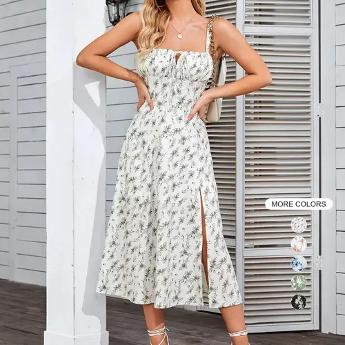 Parthea Women's Floral Print Ruched Split Thigh Dress, Elegant Boho Casual Bohemian Sleeveless Midi Dress for Summer, Casual Boho Style, Ladies Clothes for Beach Holiday, Casual Boho Fashion, Boho Printed Dress, Womenswear