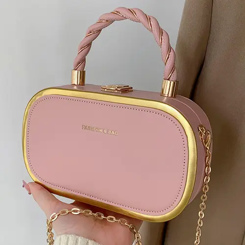 Women's Fashion Buckle Twisted Top Handle Chain Strap Crossbody Bag, Minimalist Letter Detail Metallic Trim Versatile Box Bag, Casual Shoulder Bag, Casual Crossbody Bags