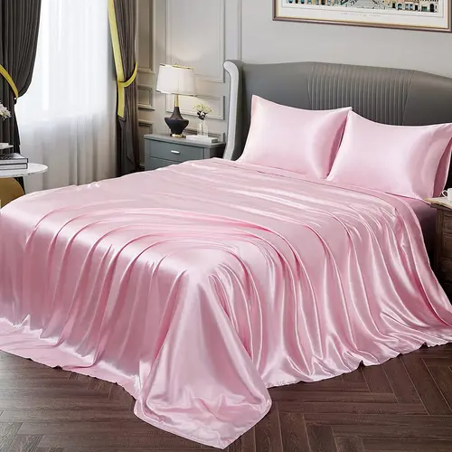 Solid Color Satin Bedding Set, Silky Soft Bedding, Polyester Bedding Set, Satin Bed Sheets, Bedsheet Sets, 3/4 Counts Includes 1 Flat Sheet, 1 Fitted Sheet, 1/2 Pillowcase without Filler, Twin, Full, Queen