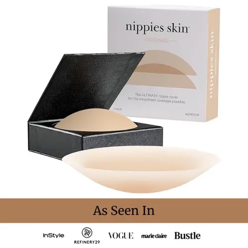 Women's Minimalist Chic Nippies Skin Adhesive Nip Covers - Sticky Silicone Pasties, Reusable Seamless, 20+ Wears, Medical Grade Adhesive, 5 Colors, 3 Sizes, Bra Alternative, Travel Case Included, Basic