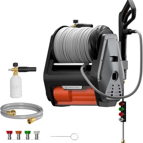 [BackToSchool] Giraffe Tools Grandfalls Retractable Pressure Washer Pro with 100ft High-Pressure Hose Upgraded Motor & Total Stop System Eco-Friendly Soft Hose 3700 PSI 1.6 GPM, Rubber, Portable Pressure Washer