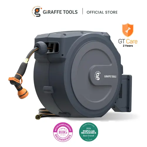 [SummerFinds] Giraffe Tools 5/8in 1/2in 90ft-130ft Tangle-Free Kink-Free Ultra-fast tidy Retractable Hose Reel 300LB Metal Bracket with 180° Rotate Large Cover, Bob vila best overall, locked in any length, 9 Adjust-Nozzle, 2 years warranty, SummerWins