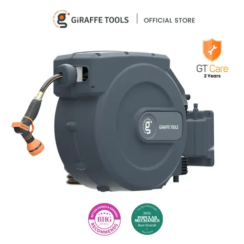 [SummerFinds] 115ft+5 ft 5/8in Giraffe Tools Retractable Garden Hose Reel Bob Vila Best overall Heavy Duty Wall Mounted Water Hose Reel Automatic Rewind, 180 Deg Swivel Bracket, Slow Retraction,9 adjustable Nozzle, 2 years warranty, SummerWins
