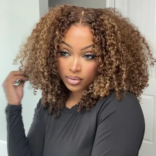 【Trending Color】ISEE HAIR Wear Go Highlight Brown Color Kinky Curly Middle Length Wig 7*5 Lace Closure Wig Pre-plucked Natural Hairline Beginner Friendly #SoHoChic #TikTokShopBackToSchool