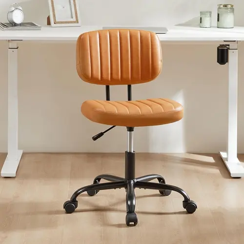 【Deal】Armless Modern Office Chair - PU Leather Low Back Sturdy Metal Frame, 360° Swivel, Adjustable Height, U-Shaped Lumbar Support, 360° Rolling Desk Vanity Furniture, Space-Saving for Small Spaces, Ideal for WFH Setup
