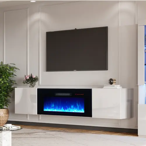 [Ships in 2 Boxes] AMERLIFE 68"/80" Floating TV Stand with Electric Fireplace, High Gloss Finish Wall Mounted Fireplace Entertainment Center with Storage/Best Gift Ideas/Christmas Gifts[tiktokshopbacktoschool][SohoChic]