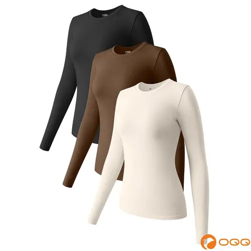 OQQ Women's 3 Piece Long Sleeve Tops Crew Neck Stretch Fitted Underwear Layer Tee Shirts Floral Plain Casual - Polyester, Womenswear Comfort Nylon