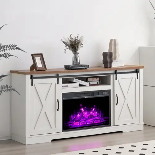 [Ships in 2 Boxes] AMERLIFE TWO Size Fireplace TV Stand Sliding Barn Door Wood Entertainment Center with an Electric Fireplace Insert, Modern Farmhouse Storage Cabinet Console/Best Gift Ideas/Christmas Gifts
