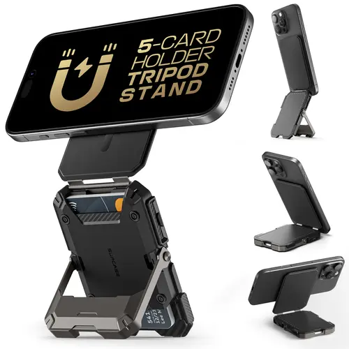 SUPCASE Magnetic Wallet with Stand Compatible with MagSafe, Hold 5 Cards,Adjustable Stand,RFID Blocking,Tripod Phone Stand Magnetic Credit Card Holder for iPhone 17/16/15/14/13/12 Series, Black Smartphone Travel Gadgets, FathersDayGift,summerwins