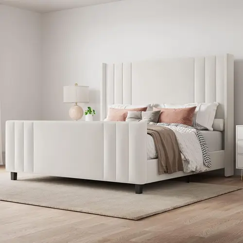 AMERLIFE Upholstered Bed with Vertical Channel Tufted Wingback Headboard & Footboard, Premium Velvet,No Box Spring Needed/Cool Furniture Bedroom/Queen/King Size/Best Gift Ideas/Christmas Gifts[tiktokshopbacktoschool][SohoChic]