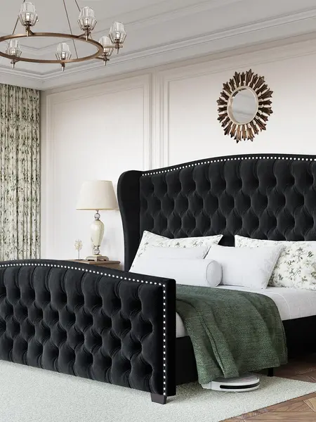 [Summerwins] AMERLIFE Modern Bed Frame with Wingback Headboard, Upholstered Bed Frame with Handmade Button Tufted & Nailhead, Wooden Slats Support/Luxury Bedroom Furniture/Queen/King/California King Size/Best Gift Ideas/Christmas Gifts